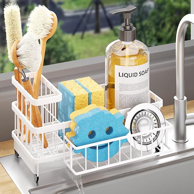 Consumest Sponge Holder for Kitchen Sink - Auto Draining Sink Caddy Organizer with Detachable Rack, High Brush Holder, Kitchen Countertop Storage Accessories, White