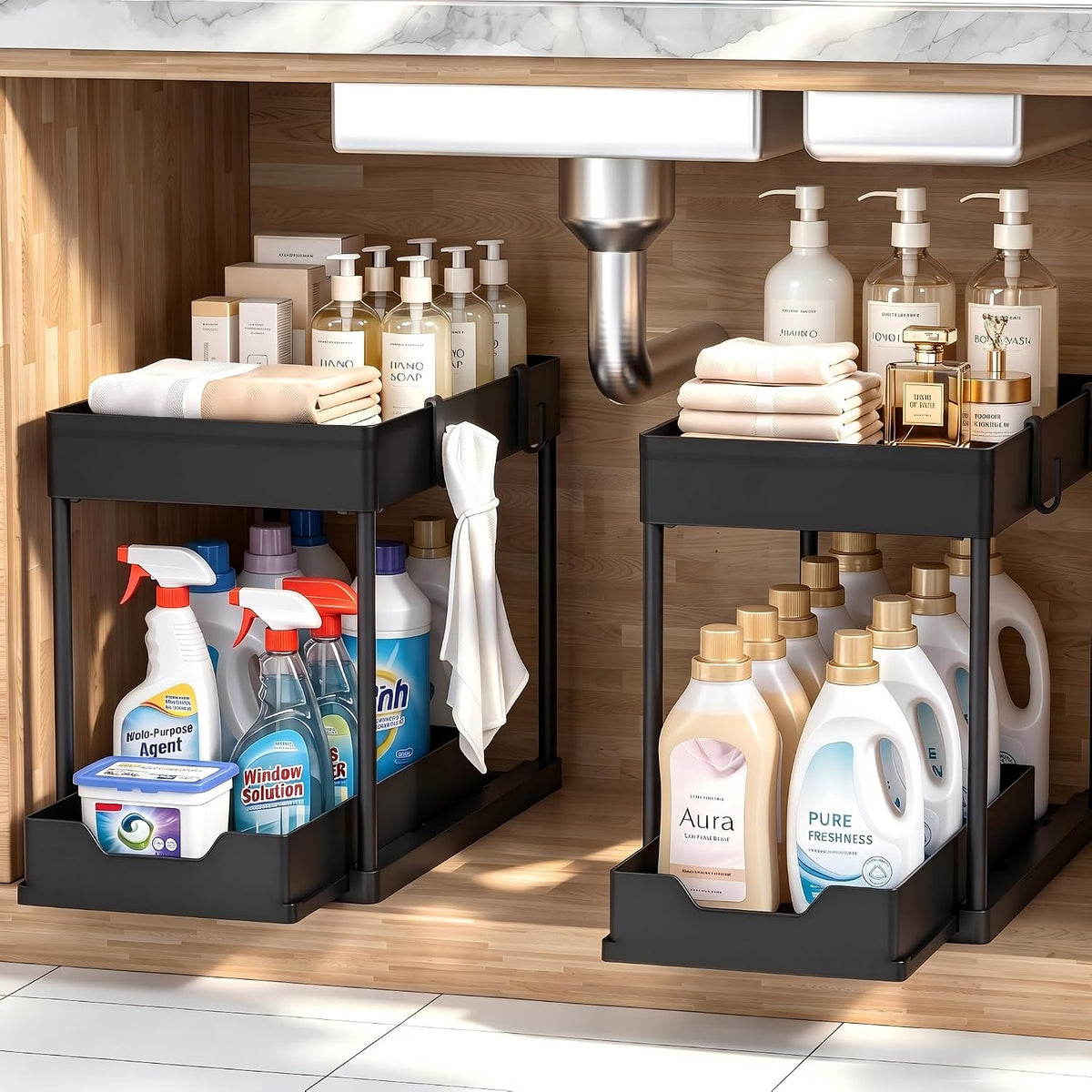 Under Sink Organizer 2 Pack, Bathroom Cabinet Organizer, 2 Tier Sliding Cabinet Basket Organizer Drawer, Multi-Purpose Bath Collection Baskets for Bathroom (Black)