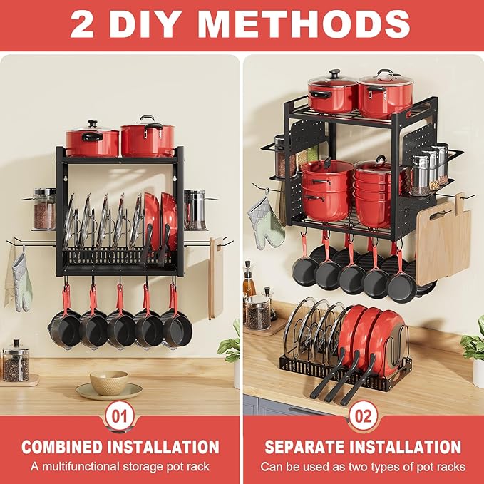 16 Inch Pot Rack Wall Mounted, 2-Tier Pots and Pans Organizer with 10 Hooks & Pan Organizer and Spice Rack, Heavy Duty Hanging Pot Hanger for Kitchen Cookware, Utensils, Black