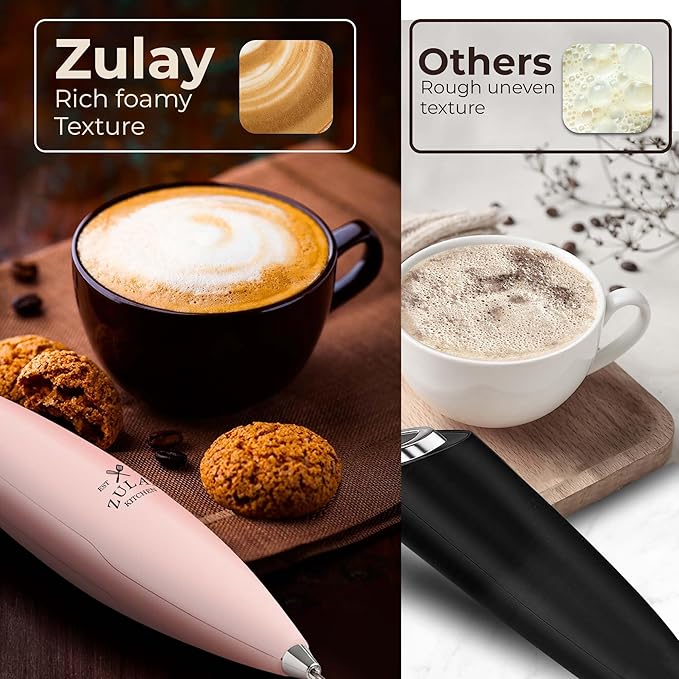 Zulay Kitchen Powerful Milk Frother Wand With Duracell Batteries - Ultra Fast Handheld Drink Mixer - Electric Whisk Foam Maker for Coffee, Lattes, Cappuccino & Matcha - Triple Whisk - Peach Pink