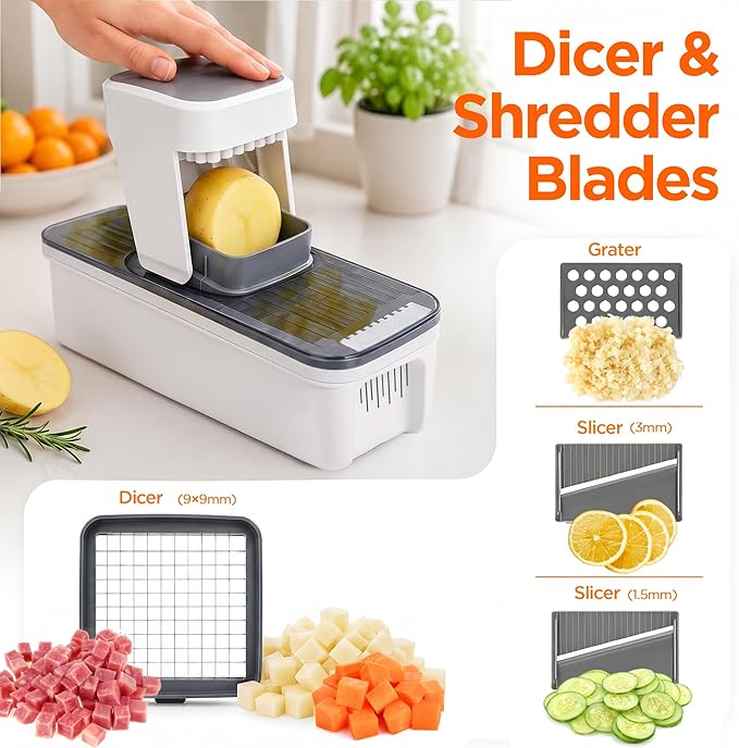 7-in-1 Vegetable Chopper – Mandoline Slicer Dicer with Container, Easy Tap Chop Food Cutter, 7 Interchangeable Blades for Onion Potato Cucumber, Kitchen Essentials Gift