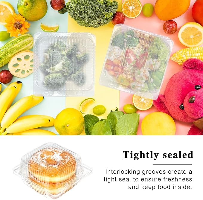 100 Pcs Clear Hinged Plastic Containers with Lids,Individual Cake Slice Containers,Square Plastic Food Container,Disposable Clamshell Take Out Containers for Cakes,Cookies,Pasta,Sandwiches,Salad
