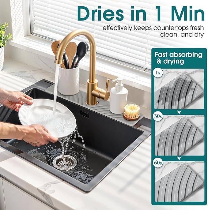 Quick Dry Stone Faucet Mat for Kitchen Sink - 23.6"x3.9" Natural Diatomite Stone Drying Mat for Kitchen Counter, Auto Drainage Sink Protector, Water Splash Guard for Bathroom (Light Grey)