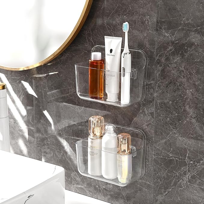 Kitchen Under Sink Cabinet Door Organizer, 4 Pack, Adhesive Clear Acrylic Wall Mount Shelf, Bathroom Makeup Storage Bins, Shower Caddy, Spice Rack, Drink Packet Sponge Dishwasher Pod Holder