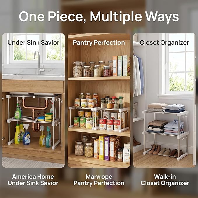 BLULEE Dual-Adjustable Cabinet Organizer Shelf,Expandable Width & Height Stackable Spice Rack with Snap-Lock,2-Tier Kitchen Organization and Storage for Under Sink,Countertop,Pantry,White,1Pack