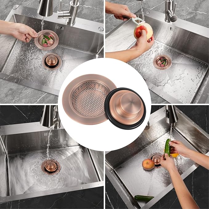 RQYEKDO Kitchen Sink Strainers Sink Stopper Kits, Stainless Steel Sink Drain Strainer Set, Large Wide Rim 4.4" Diameter Food Catcher Garbage Disposal Plug for Most Sink Drains Basket Filter (Copper)