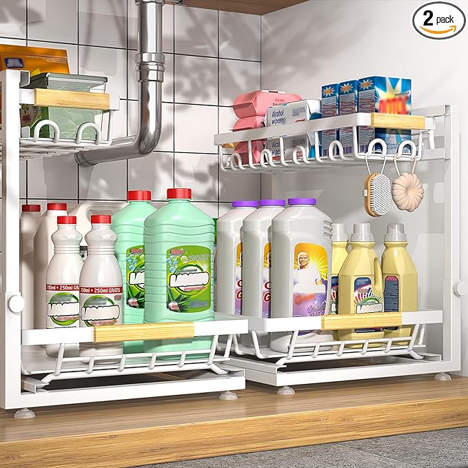 Sevenblue 2 Packs Under Sink Organizer, Height Adjustable 2 Tier Under Kitchen Sink Organizer, Multi-Purpose Storage Shelf for Kitchen Bathroom Cabinet