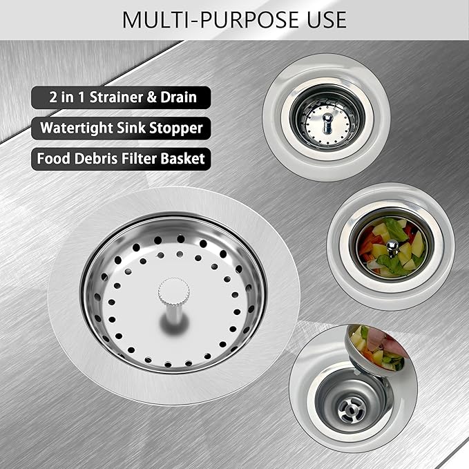Kitchen Sink Drain 3-1/2 Inch Brushed Stainless Steel Sink Drain Strainer Assembly Kit with Sink Strainer Basket and Drain Stopper for Standard Kitchen Drains Brush Nickel Silver