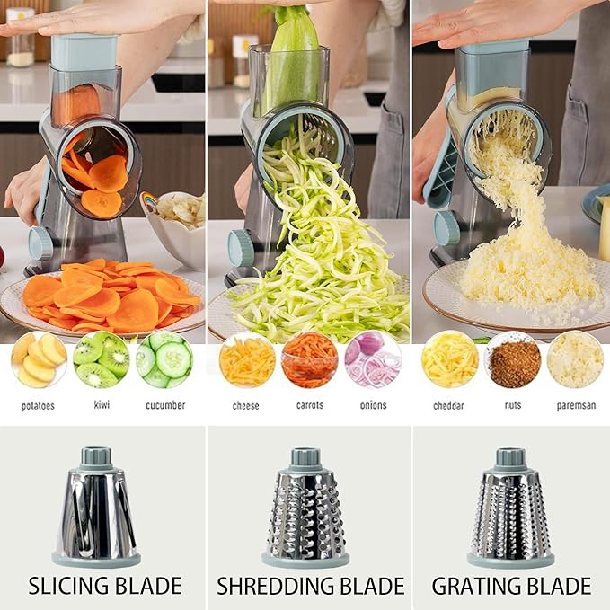 Cheese Grater Hand Crank Rotary Vegetables Shredder with Handle, 3-in-1 Graters with Interchangeable Blades and Non-slip Base Multifunctional Slicer for Kitchen