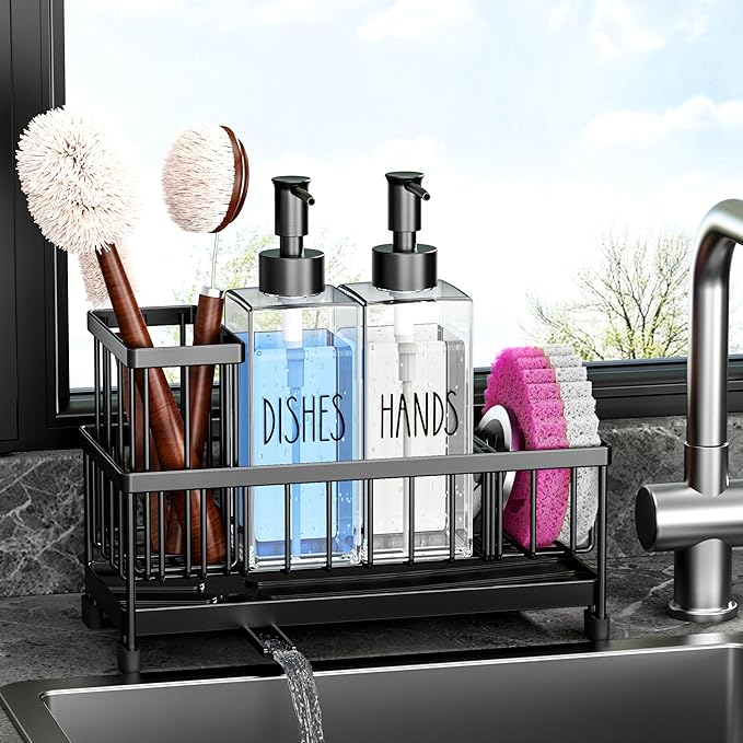 Cisily Kitchen Soap Dispenser Set with Sink Caddy, Glass Bottle, Hand and Dish Soap Dispenser Set with Sponge Holder (Clear Bottles + Black Sponge Holder)