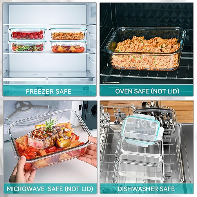 GEHE 4 Pack 52 oz Large Glass Food Storage Containers with Lids - Glass Meal Prep Containers For Baking, Storing, Airtight Lunch Container, Freezer, Dishwasher, Microwave and Oven Safe, BPA Free