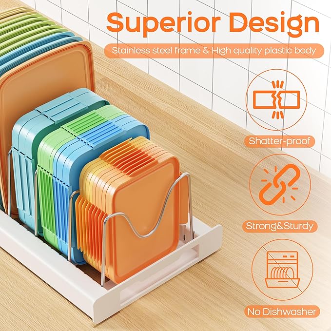 Nigelia 2 Pack Pots and Pans Organizer for Under Cabinet, 22" Expandable Food Storage Container Lid Organizers with 10 Adjustable Dividers Pot Lid Holders Rack Inside Cabinet&Kitchen Countertop(White)