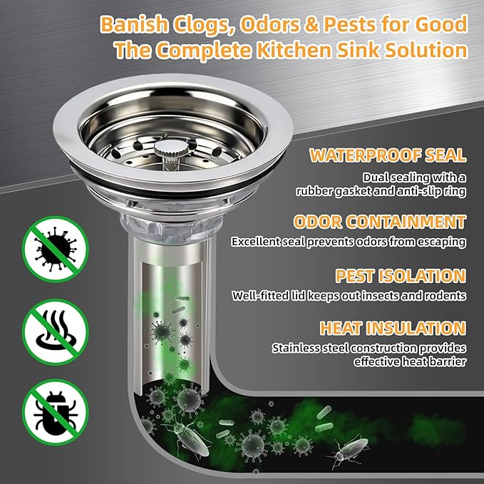Kitchen Sink Drain Assembly, Stainless Steel Basket Strainer with Knob, 3-1/2 Inch Sink Drain Stopper Plug, Threaded Plastic Sink Strainer Tailpiece 1-1/2 in