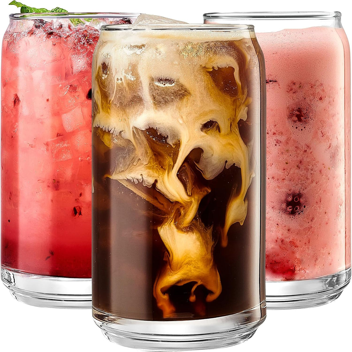 Set of 6 Patented Can Shaped® Drinking Glasses - 16oz Clear Goblet Glass Cups for Margarita, Cocktails, Iced Coffee, Tea, Soda, Whiskey, Water and Beer