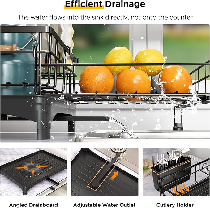 NETEL Dish Rack, Extendable Dish Drying Rack, Dish Drainer for Kitchen Counter, Dish Strainer with Utensil Holder, Over The Sink Dish Drying Rack with Automatic Drainage System