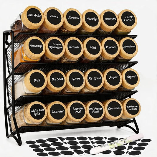 DIDITIME Spice Rack Organizer with 24 Glass Jars and 60 Labels, 4-Tier Seasoning Organizer for Cabinet, Countertop, Pantry or Wall Mount