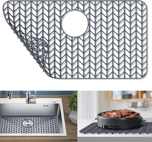 Sink Protectors for Kitchen Sink, 26''x 14'' Silicone Kitchen Sink Mat Grid for Bottom of Farmhouse Stainless Steel Porcelain Sink with Rear Drain (Grey)