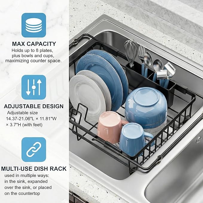 Expandable in Sink Dish Drying Rack - Adjustable Capacity Over The Sink Dish Drainer Drying Rack with Utensil Holder for Kitchen Counter, Drying Rack for Small Space,14.37“-21.06”L x 11.81“W x 3.74”D