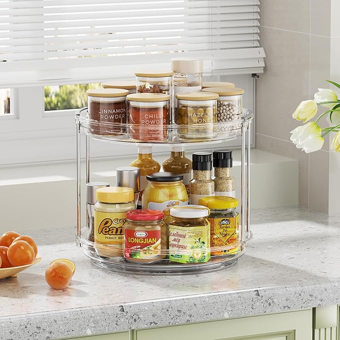 2 Pack 2 Tier Lazy Susan Organizer,10.6 inches Lazy Susan Turntable for Cabinet,Stackable Turntable Organizer Rotating Spice Rack Organization for Kitchen Countertop,Pantry,Bathroom,Clear