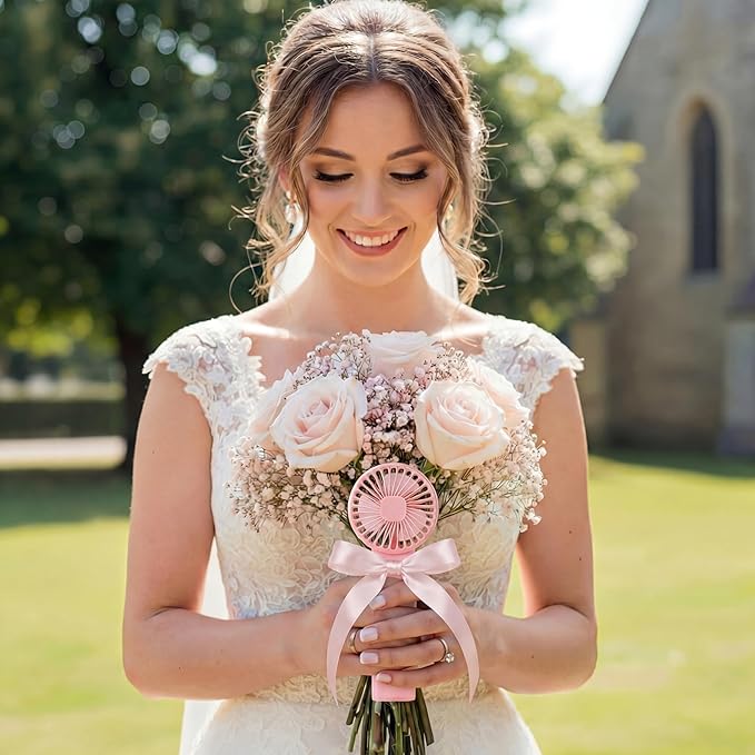 4 Pcs Bridal Hand Bouquet Fans Wedding Mini Portable Fans for Bouquet Ideas Decor 6.6 Inch Cooling Flower Accessory with Battery for Bride Bridesmaid Engagement Summer Outdoor Weddings