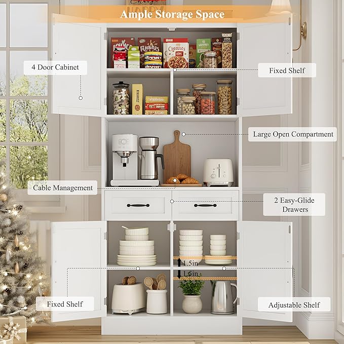 HOSTACK 71“ Tall Kitchen Pantry Storage Cabinet, Modern Kitchen Hutch Bar Cabinet with Microwave Stand, Wood Buffet Sideboard with Hutch, Cupboard with Drawers, Shelves for Dining Room, White