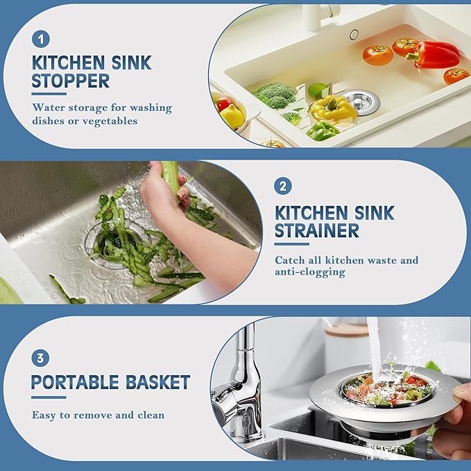 Kitchen Sink Drain Strainer 3 in 1, 304 Stainless Steel Pop Up Sink Stopper, Anti-Clogging Sink Drain Strainer for US Standard Kitchen Drain (Chrome)
