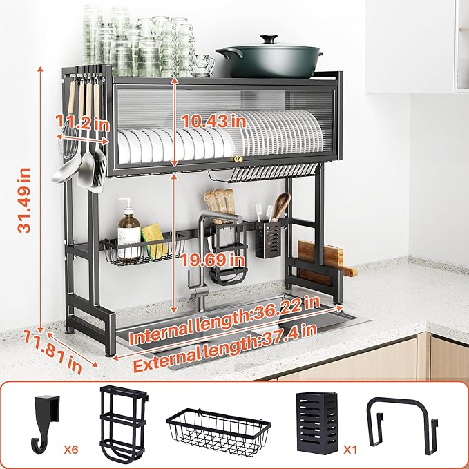 Over The Sink Dish Drainer Drying Rack 3 Tiers with Cover, Keep Kitchen Sink Shlef Organized Space-Saving Dish Drying Rack, Large Stainless Steel Sink Dish Rack for Dishes, Bowls, Cutlery (37.4"w)