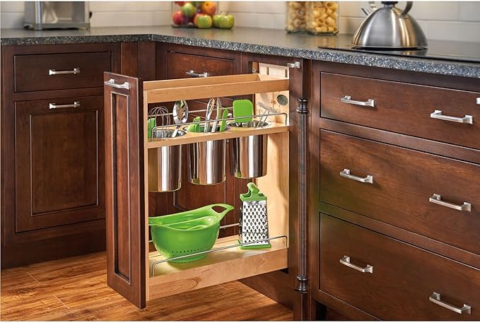 Rev-A-Shelf Maple Pullout Utensil Organizer with 3 Bins & BLUM Soft-Close for Full-Height Base Cabinets, Full Extension Slides, Adjustable Shelves, Min Opening Width of 8.5", 448UT-BCSC-8C