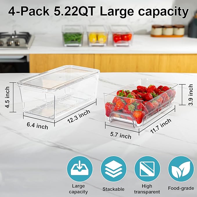 4-Pack Stackable Fruit Storage Containers for Fridge, Clear Pull-Out Drawer Organizer Bins with Lids & Drain Tray, Keep Fresh, Removable Refrigerator Container for Berry, Veggie, Drinks, Food
