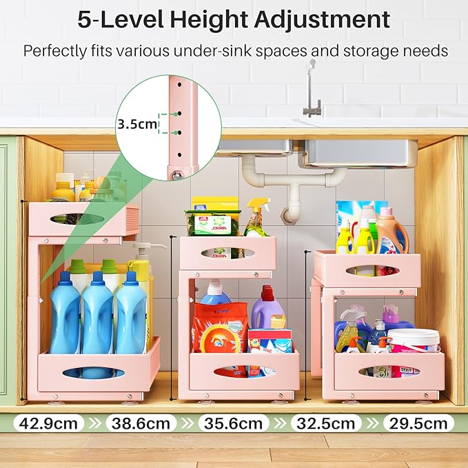 Under Sink Organizer, 2 Tier Pull out Cabinet Organizer Baskets with Mesh Sliding Drawers, Slide out Storage Shelf for Home, Kitchen, Bathroom, Pantry, Office Cabinet(1 Pack, Pink)