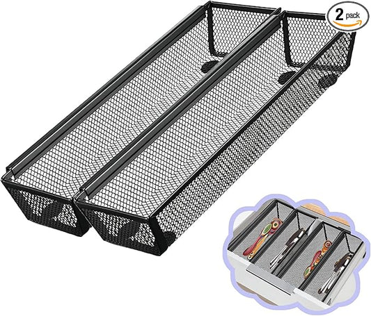 2PCS Drawer Organizer for Kitchen,Utensil Mesh Drawer Organizer with Interlocking Arm for Cosmetic,Flatware,Pen (12 * 3 * 2 Inches,Black)