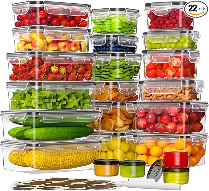 KEMETHY 44-Piece Food Storage Containers with Lids(22 Containers & 22 Lids), Plastic Food Containers for Pantry & Kitchen Storage and Organization, BPA-Free, Leak Proof, Reusable with Labels & Pen