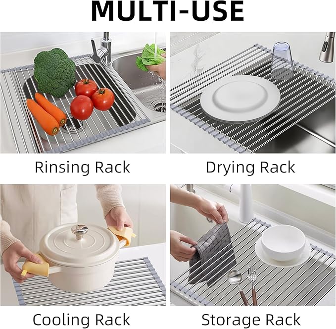 Roll Up Dish Drying Rack Over Sink, 17" x 15.7", Stainless Steel with Non-Slip Silicone Ends, Gray