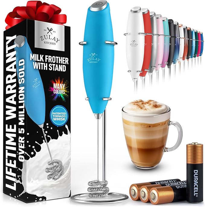 Zulay Kitchen Powerful Milk Frother Wand With Duracell Batteries - Ultra Fast Handheld Drink Mixer - Electric Whisk Foam Maker for Coffee, Lattes, Cappuccino & Matcha - Triple Whisk - Pacific Blue