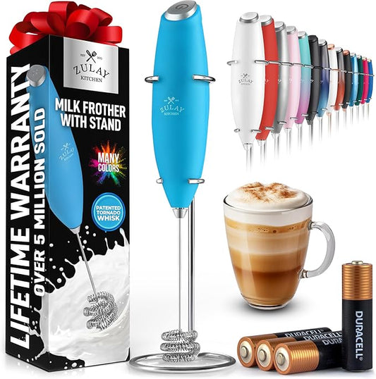 Zulay Kitchen Powerful Milk Frother Wand With Duracell Batteries - Ultra Fast Handheld Drink Mixer - Electric Whisk Foam Maker for Coffee, Lattes, Cappuccino & Matcha - Triple Whisk - Pacific Blue