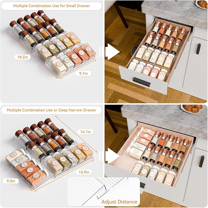Yieach 8 Pack Adjustable Narrow Spice Rack for Drawer - Expandable From 9" to 17.7" - Acrylic Drawer Seasoning Organizer,Tiered Clear Spice Tray for Spices,Condiment,Nail Polish and Jar Organization