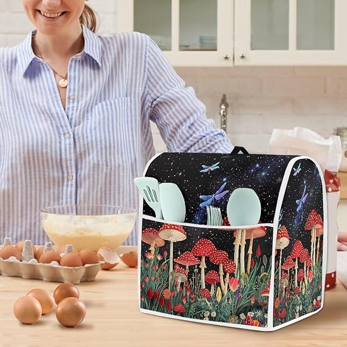 Stand Mixer Cover Mushroom Dragonfly Kitchen Appliance Dust Cover for 6-8 Quart Mixers Machine Washable Food Processor Protector for Kitchen Dining Room Countertop Decor