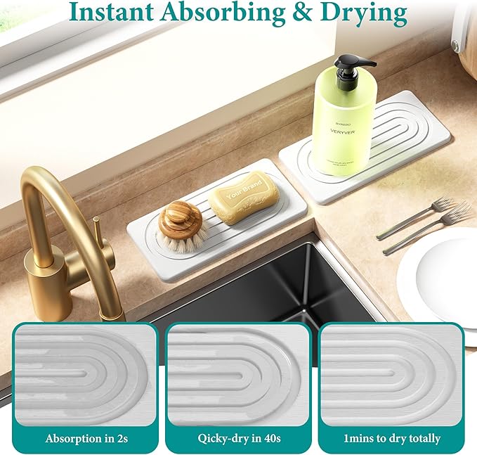 Water Absorbing Stone Tray, Quick Drying Diatomite Bathroom Tray Countertop, Stone Drying Mat for Kitchen Counter, Soap Dish Dispenser Vanity Organizer, White-A-9.8" x 4"