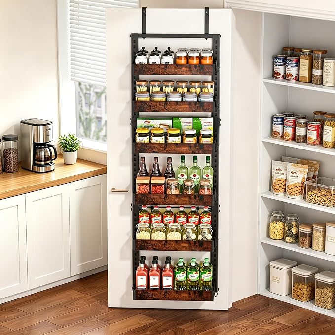 BUKFEN 6-Tier Over the Door Pantry Organizer, 2-in-1 Door Hanging or Wall Mounted Spice Rack, Heavy Duty Metal Storage Shelves with Adjustable Wooden Baskets for Kitchen Bathroom Closet