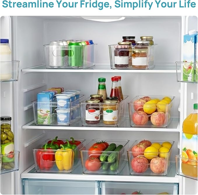 Vtopmart 6pcs Clear Organizers and Storage Bins, Plastic Storage Containers with Handles for Fridge, Freezer, Pantry, Cabinet, Kitchen Organization