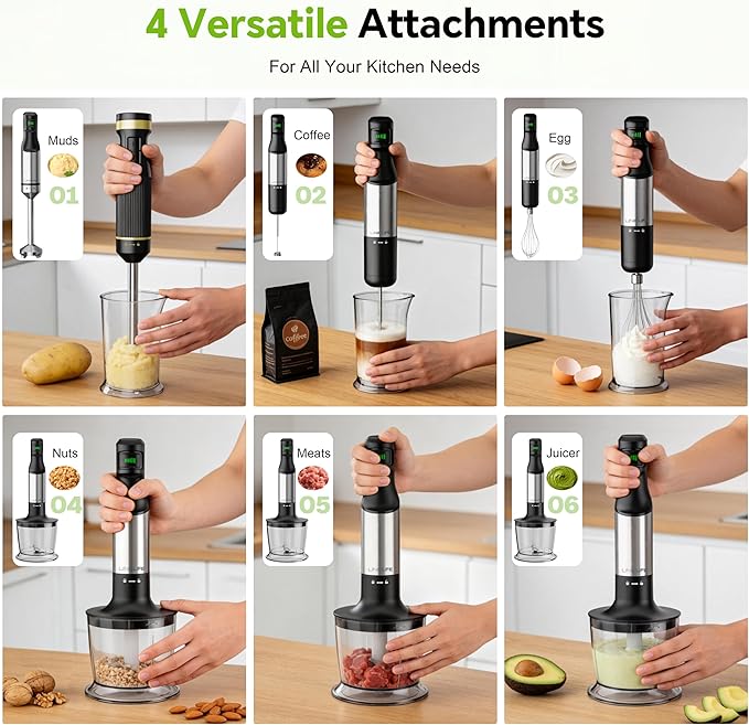 1200W Immersion Blender Handheld, 5-in-1 Variable Speed Emulsifier Hand Blender Stick with Whisk Chopper Milk Frother Mixing Cup and Storage Rack for Kitchen Soup, Purees, Baby Food and Smoothies