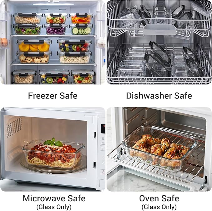 Dealusy 10 Sets (20-Piece) Glass Meal Prep Containers with Lids, Five 36 oz & Five 12 oz Airtight Leak-proof Glass Food Storage Containers with lids, Microwave Oven Freezer Dishwasher Safe, Black