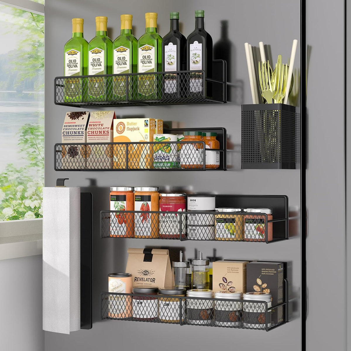 Magnetic Spice Rack for Refrigerator, 6 Pack 100% Metal Strong Magnet Shelf Black, Space Saving Spice Organizer, Home Kitchen Laundry Room Storage Organization W/ Paper Towel Holder, Utensils Racks