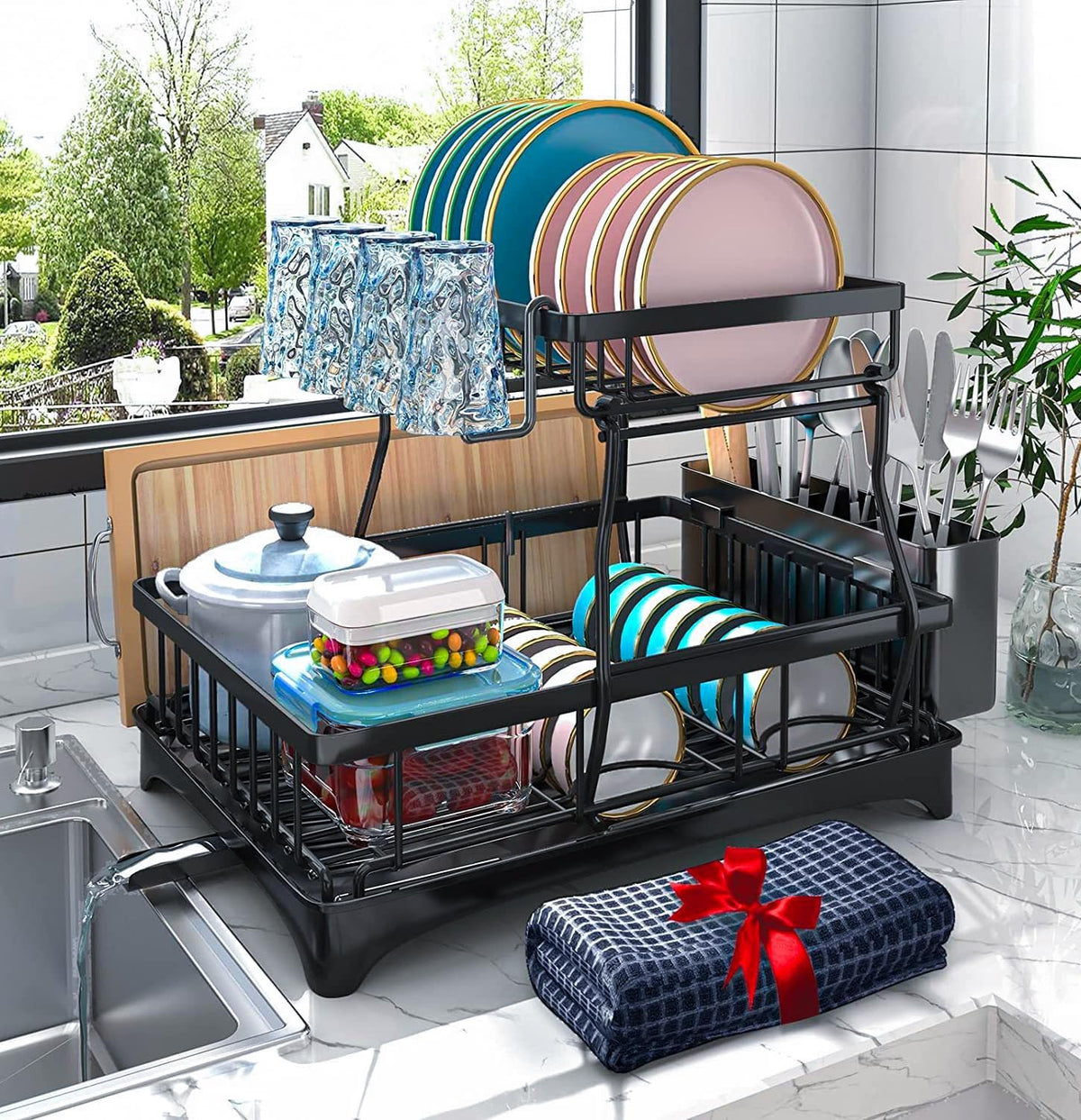 2-Tier Dish Drying Rack - Dish Rack with Auto Drain-to-Sink & Mat