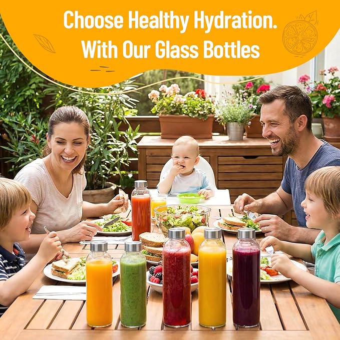 Luxfuel 24 oz Clear Glass Juice Bottles with Lids, Reusable Refillable Water Bottles for Juicing,Refrigerator,100% Leak Proof, BPA Free, Juice Water Bottle Set of 10