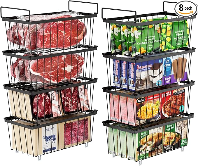 iSPECLE Deep Freezer Organizer Bins - Fits 7 Cu.Ft Chest Freezer, 8 Pack Stackable Wire Baskets(14.7" Length), Heavy Duty Coated Freezer Organizer, Rust Resistant for Frozen Food Sorting, Black