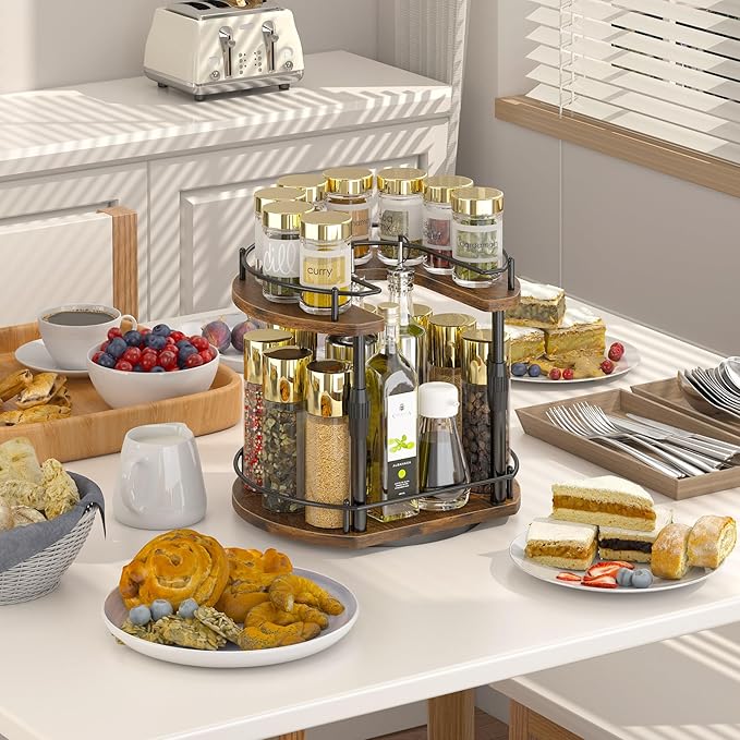 Across-Star Lazy-Susan-Spice-Rack -Organizer For Cabinet With Adjustable Height, 12 inch Rotating Seasoning Holder Spice Organization For Pantry, 2-Tier Kitchen Counter Shelf Countertop Organizer