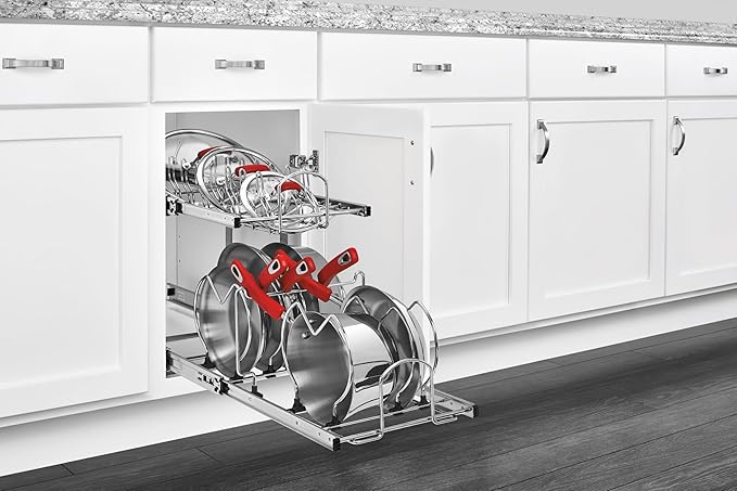 Rev-A-Shelf 2-Tier Kitchen Cabinet Pullout, Cabinet Organizer for Pots, Pans, and Lid Cookware, Adjustable Heavy Duty Wire, Min Opening Width of 11.5", Chrome, 5CW2-1222-CR