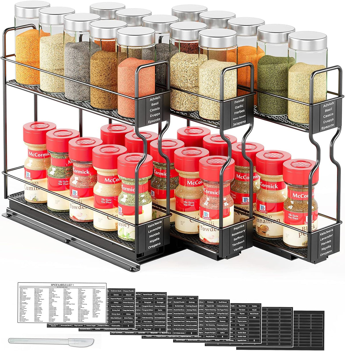 Pull Out Spice Rack Organizer for Cabinet, Heavy Duty Slide Out Seasoning Kitchen Organizer, Cabinet Organizer, with Labels, 7.7" W x10.75 D x10 H, 3 Drawers 2-Tier