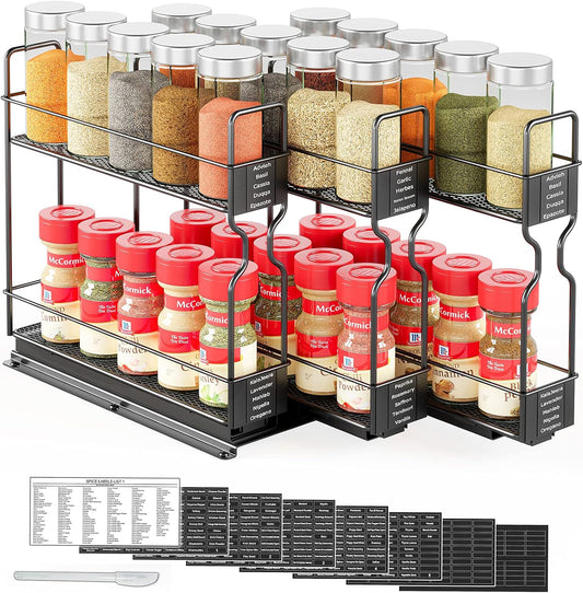 Pull Out Spice Rack Organizer for Cabinet, Heavy Duty Slide Out Seasoning Kitchen Organizer, Cabinet Organizer, with Labels, 7.7" W x10.75 D x10 H, 3 Drawers 2-Tier